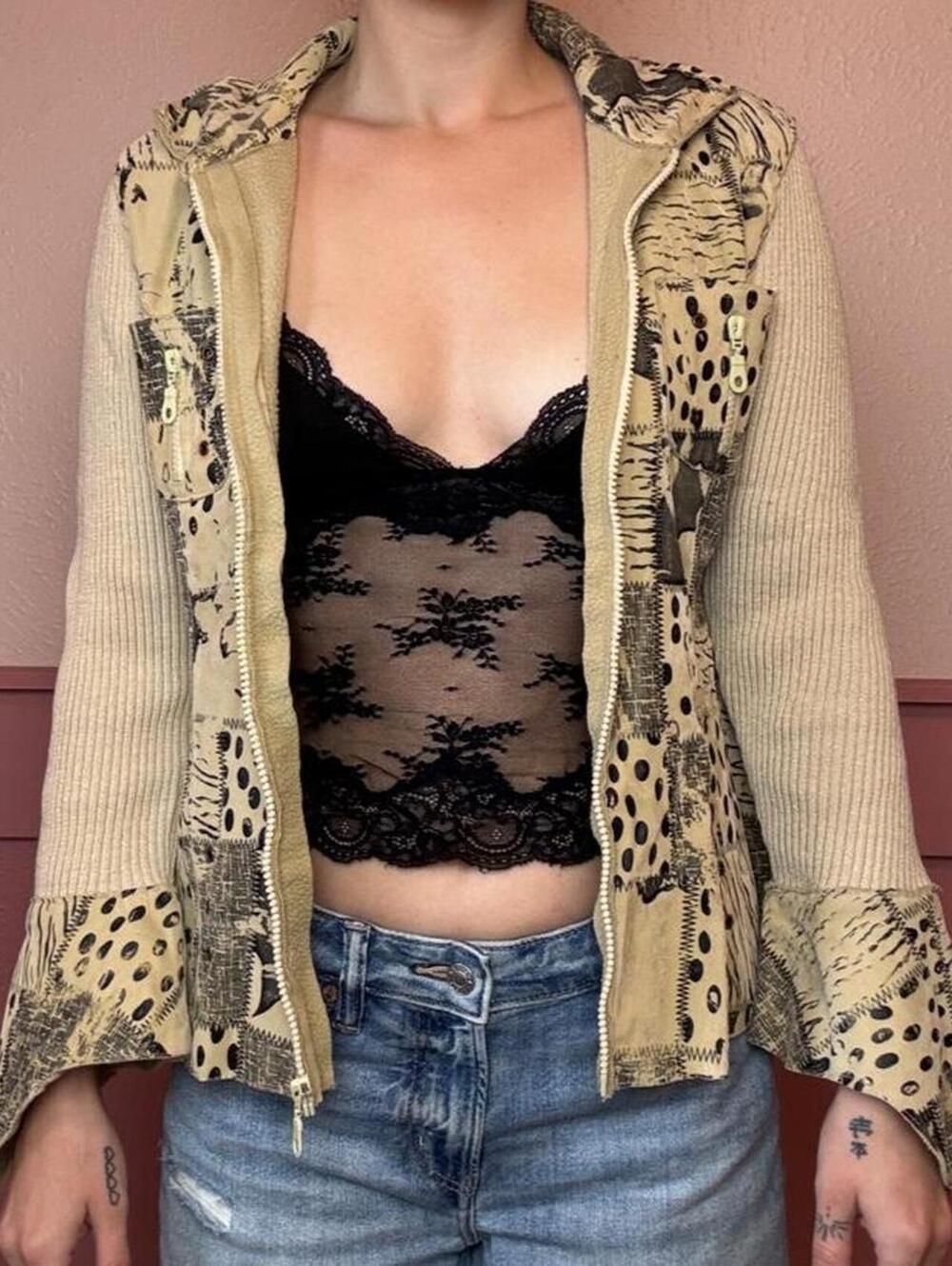 animal patchwork jacket cream black bell sleeves early 2000s vintage y2k - Picture 1 of 8